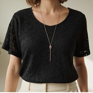 Vintage 90's Ellen Ashley Black Lace Top Short Sleeve Shirt Elegant‎ Blouse S